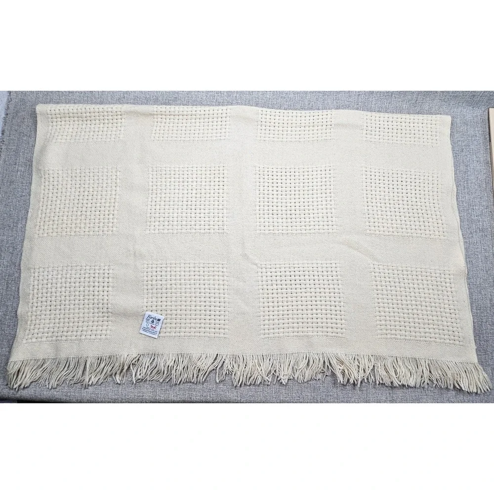 Faribo Wool Throw Blanket 47x60 Beige Waffle Knit Check Fringe USA Made